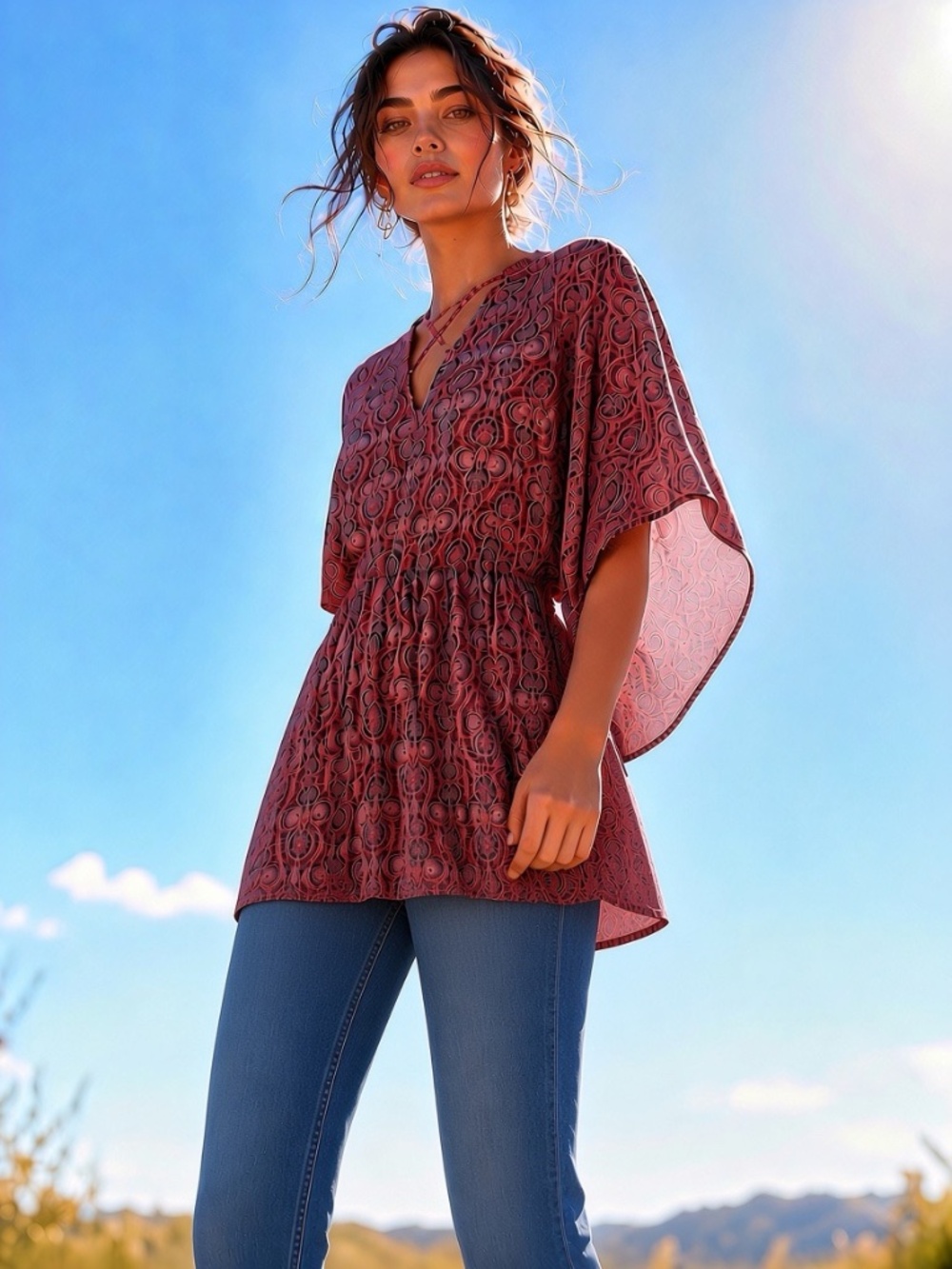 Ella Moss Silk Paisley Kaftan Top, Sheer Sleeve, Tie Waist, Size Small